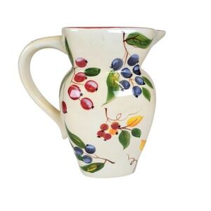 Vintage FTD Ceramic Fruit Pitcher Vase Cream & Red Rim Interior Green Blue 7"